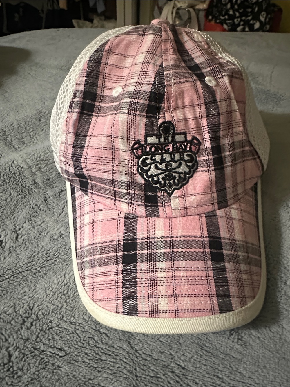 Pink Plaid Trucker Hat with Embroidered Crest